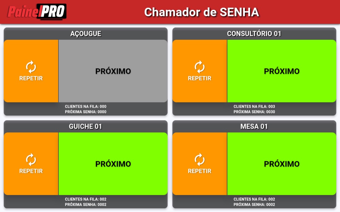 Tela do Caller do PainelPRO para chamada de senhas no atendimento