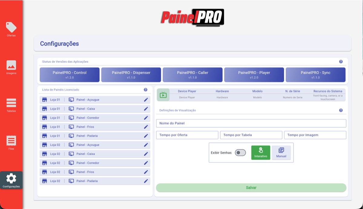 Tela de configurações do Control Web do PainelPRO para controle em nuvem da sinalização digital