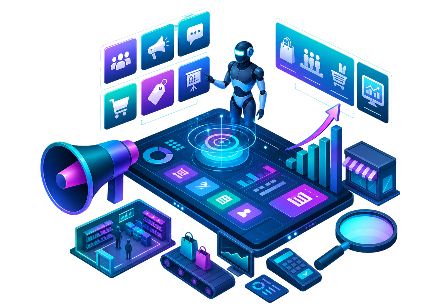 Ilustração tecnológica mostrando automação, telas digitais, campanhas e crescimento no varejo