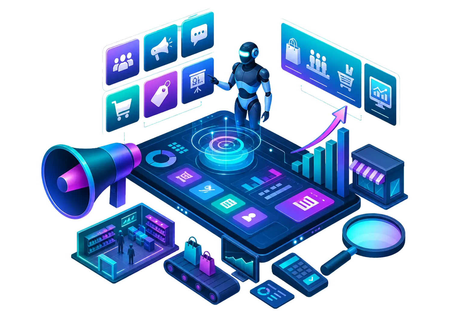 Ilustração tecnológica mostrando automação, telas digitais, campanhas e crescimento no varejo